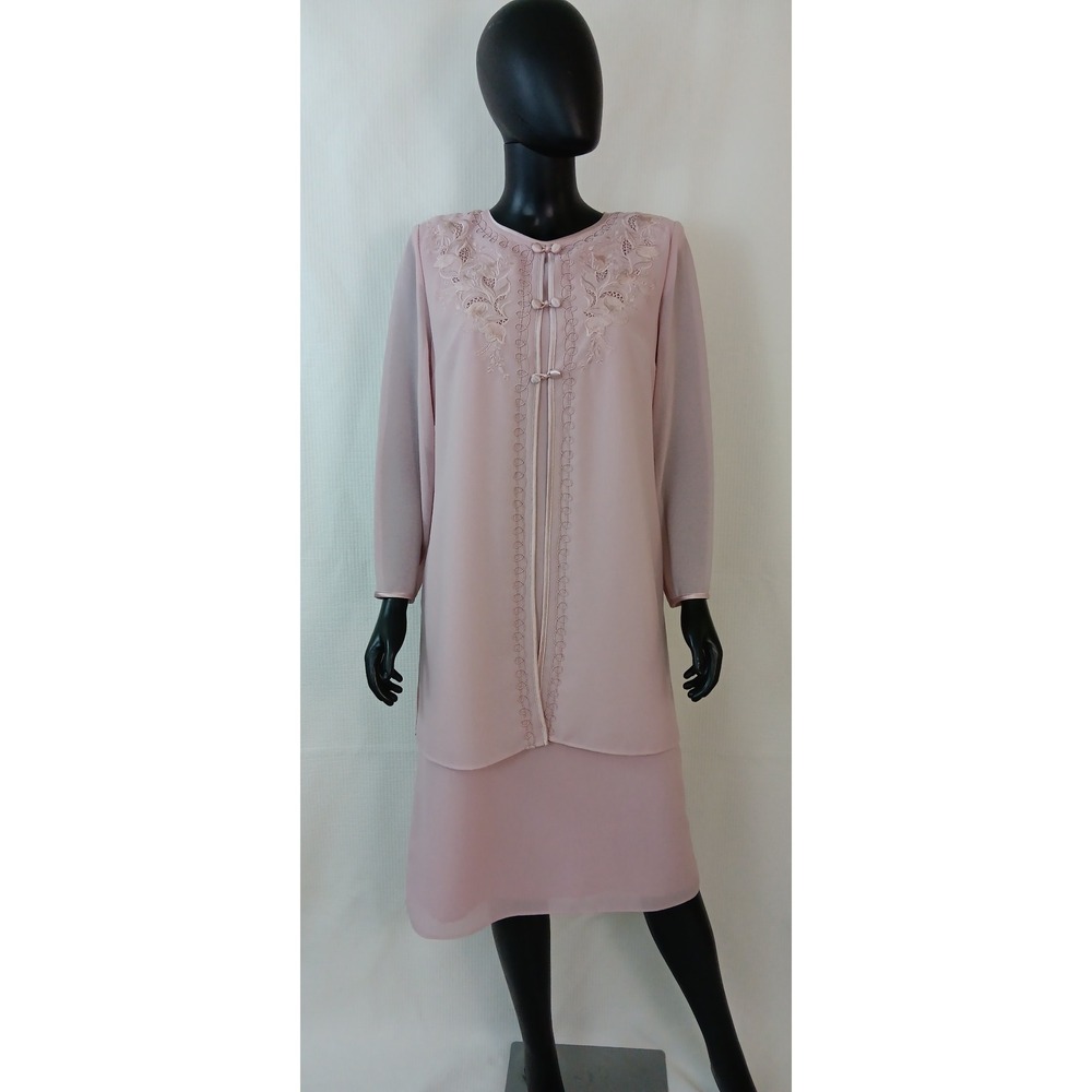 Vintage CheStudio Women Blush Pink Chiffon Embroidery Layered Shift Dress 10